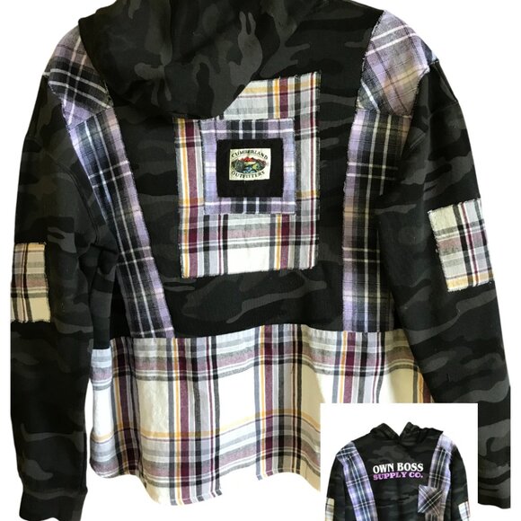 Patchwork Camo Hoodie, Size M-L: Upcycled Hipster Grunge Violet Plaid Sweatshirt - Picture 13 of 14